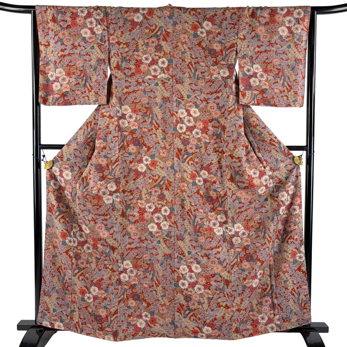 小紋 身丈162.5cm 裄丈65cm M 袷 草花 金彩 赤茶 正絹 優品｜中古