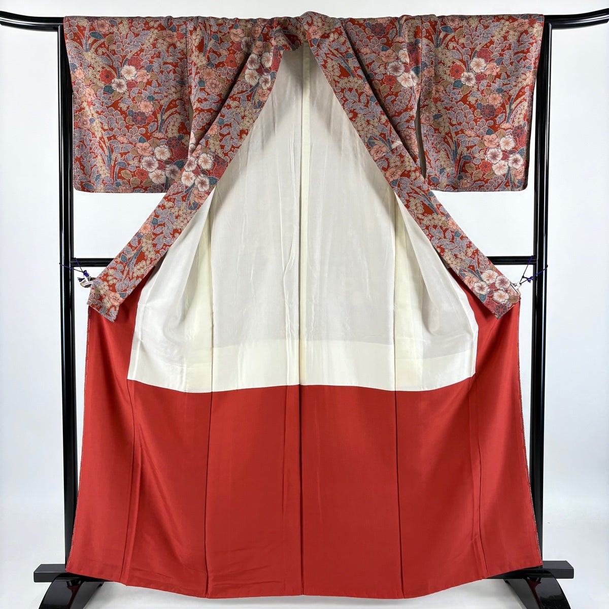 小紋 身丈162.5cm 裄丈65cm M 袷 草花 金彩 赤茶 正絹 優品｜中古