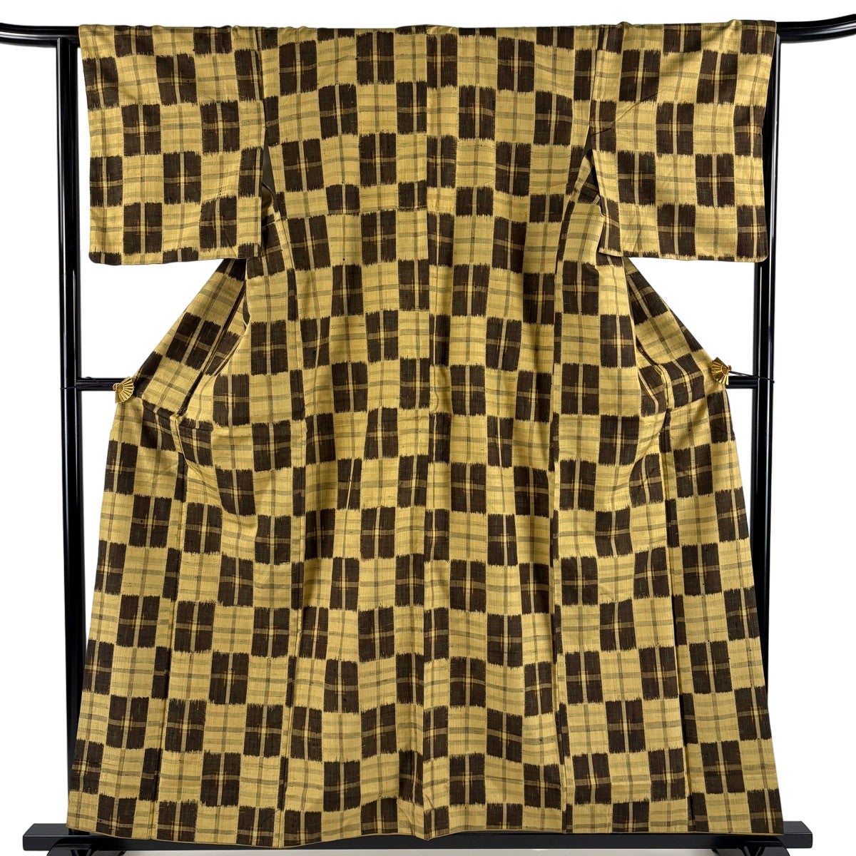 紬 身丈156cm 裄丈64.5cm M 袷 市松 格子 山吹茶色 正絹 秀品｜中古