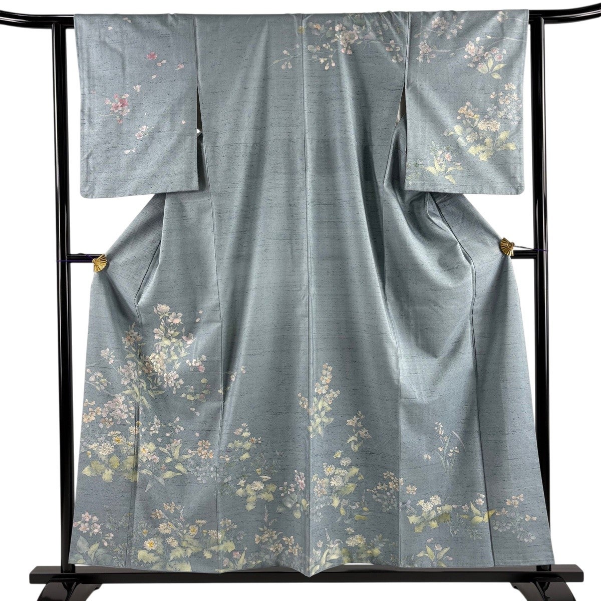 訪問着 身丈157.5cm 裄丈62cm S 袷 紬地 桜 草花 刺繍 青灰色 正絹
