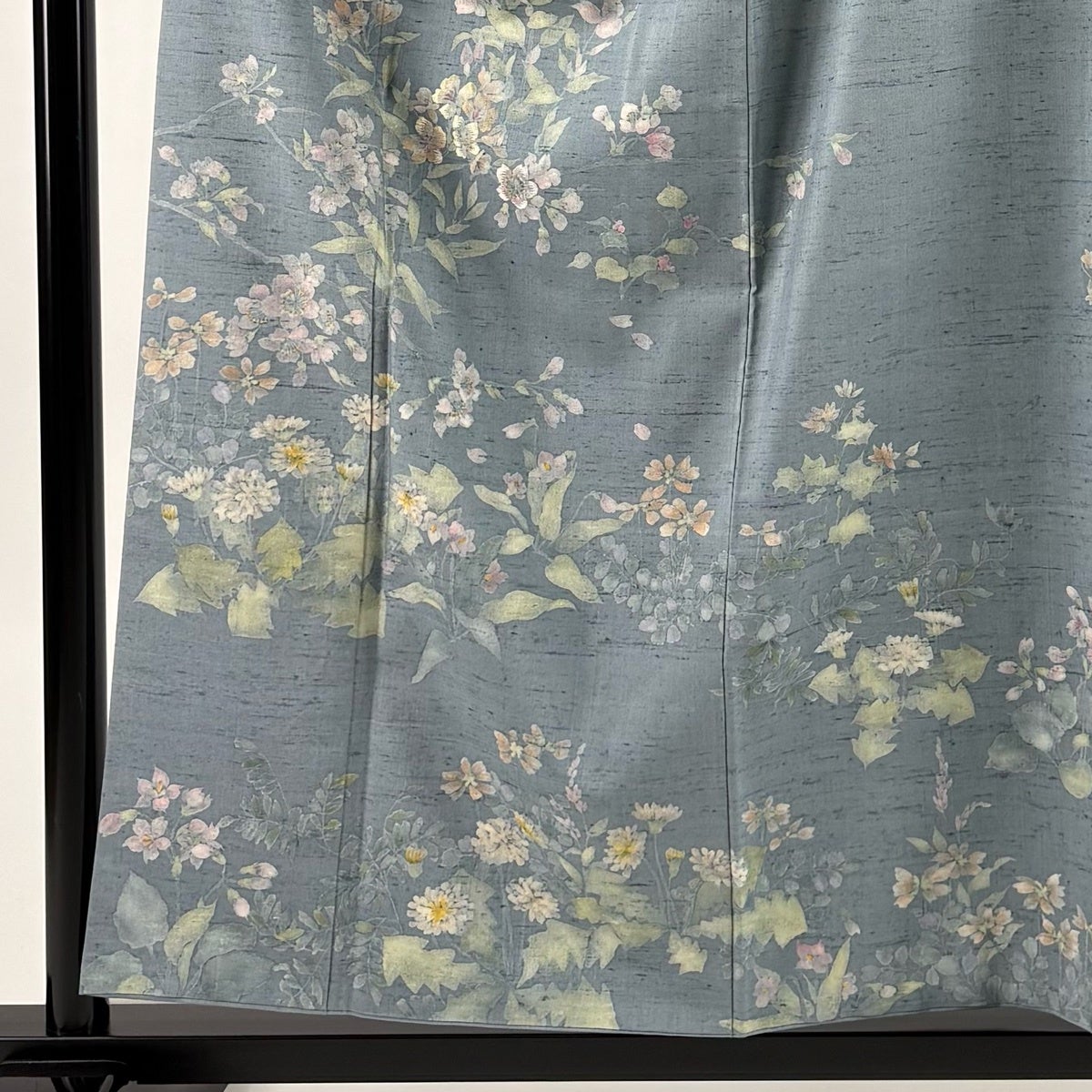 訪問着 身丈157.5cm 裄丈62cm S 袷 紬地 桜 草花 刺繍 青灰色 正絹