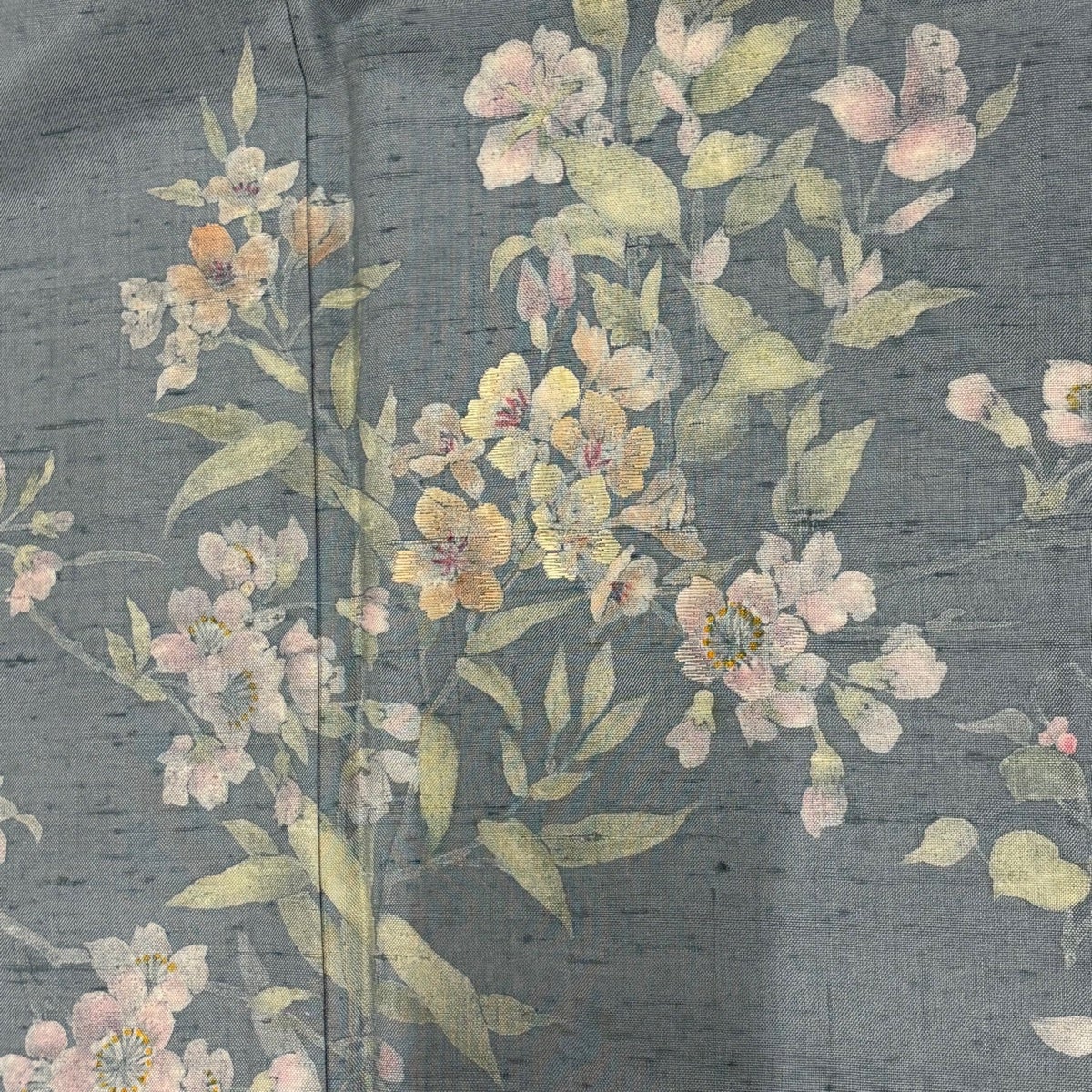 訪問着 身丈157.5cm 裄丈62cm S 袷 紬地 桜 草花 刺繍 青灰色 正絹