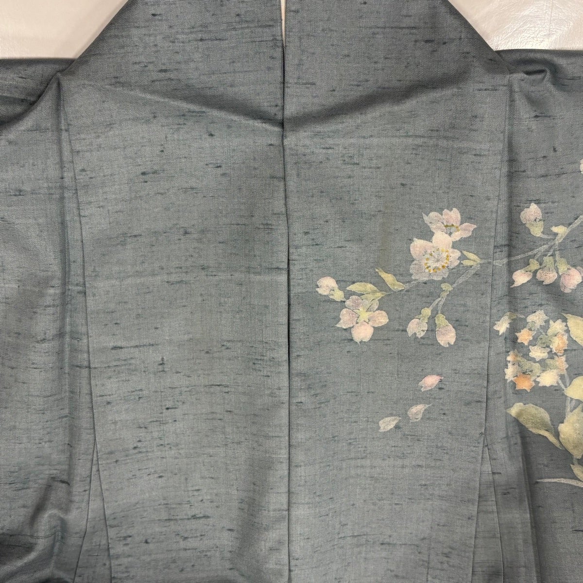 訪問着 身丈157.5cm 裄丈62cm S 袷 紬地 桜 草花 刺繍 青灰色 正絹