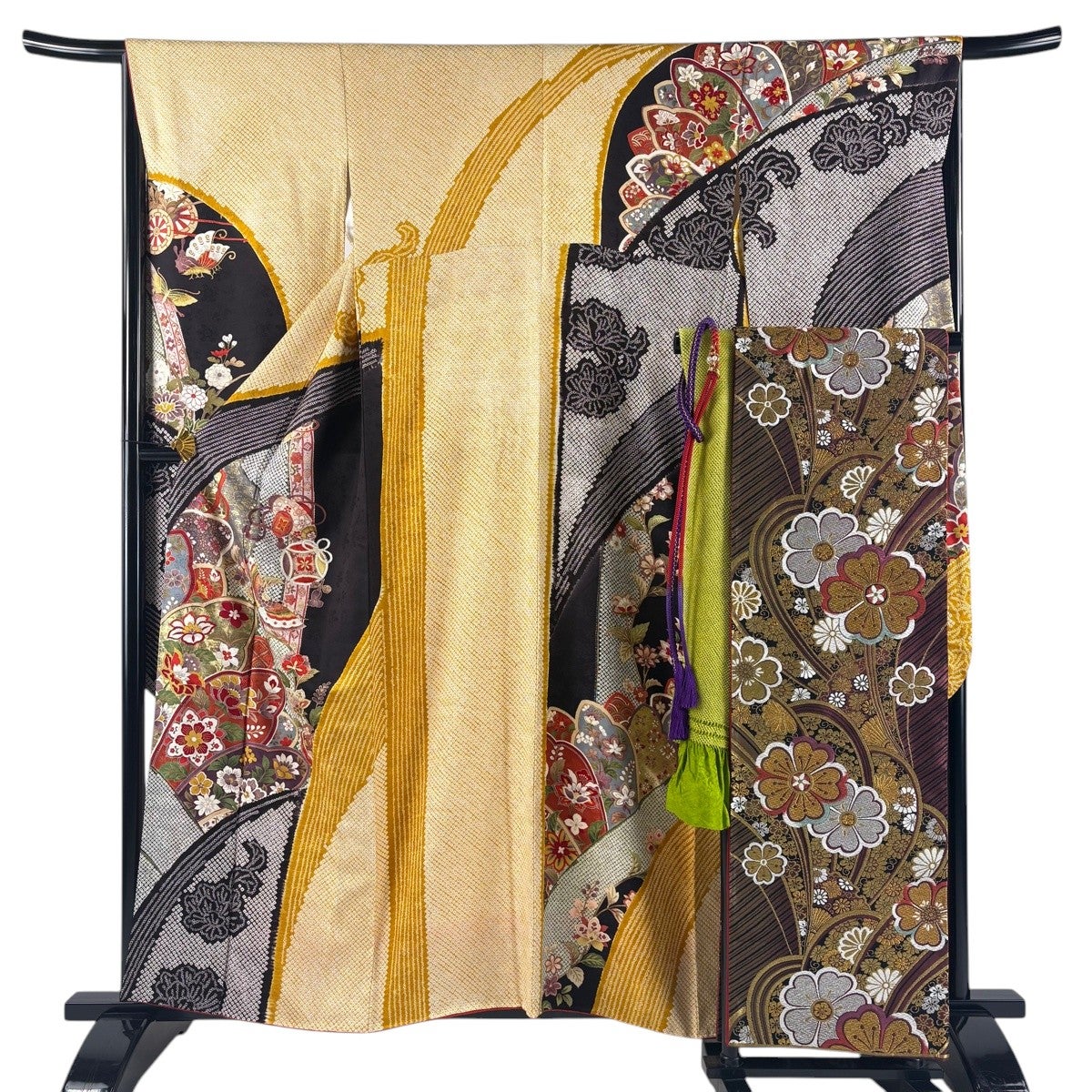 振袖 身丈156.5cm 裄丈65.5cm M 袷 袋帯フルセット 蝶 草花 金彩 山吹