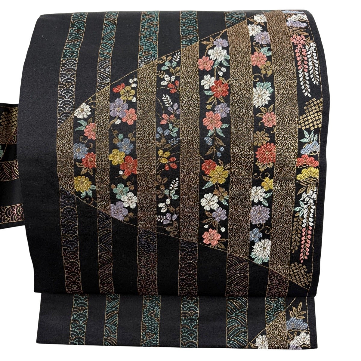 美品】 名古屋帯 秀品 ほていや 華文 金銀糸 箔 黒 正絹｜中古・古着