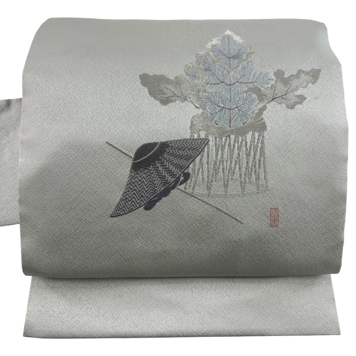 名古屋帯 逸品 落款あり うさぎ 鳥 ぼかし ピンクベージュ 正絹｜中古