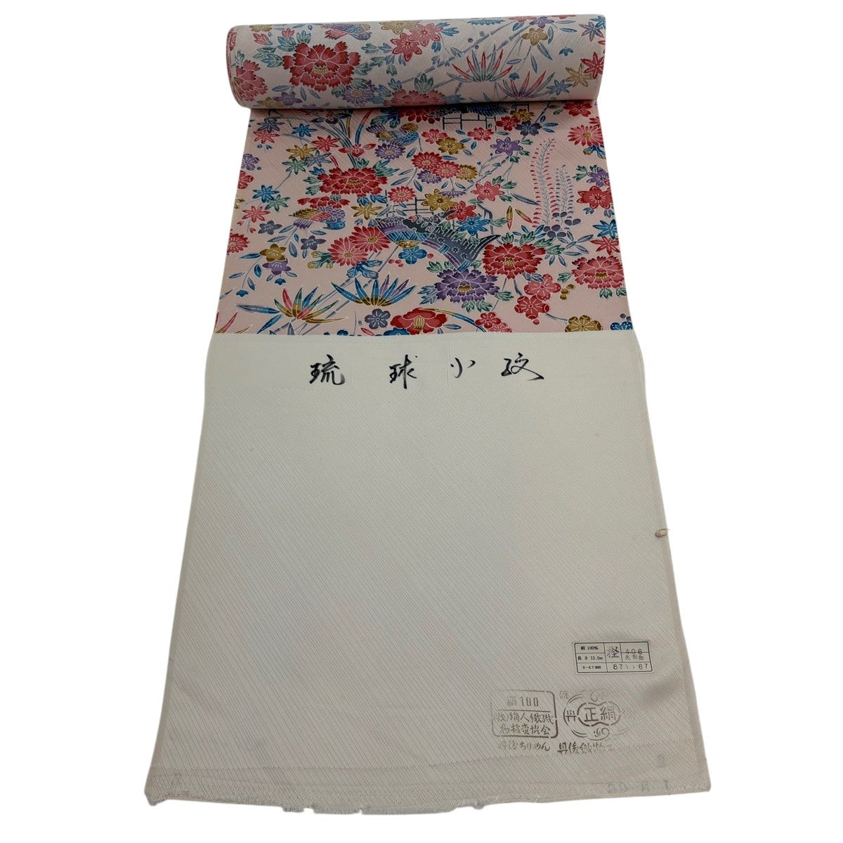 反物 秀品 小紋 建物 草花 薄ピンク 正絹｜中古・古着・リサイクル着物