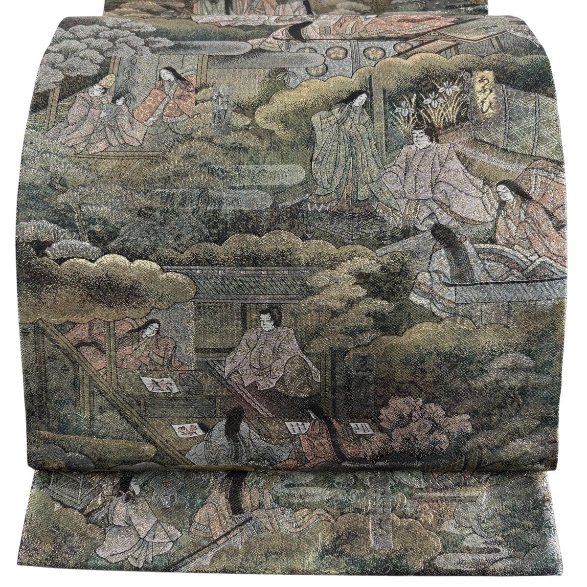 美品】 袋帯 名品 源氏物語絵巻 人物 御所風景 箔 金色 お太鼓柄 正絹