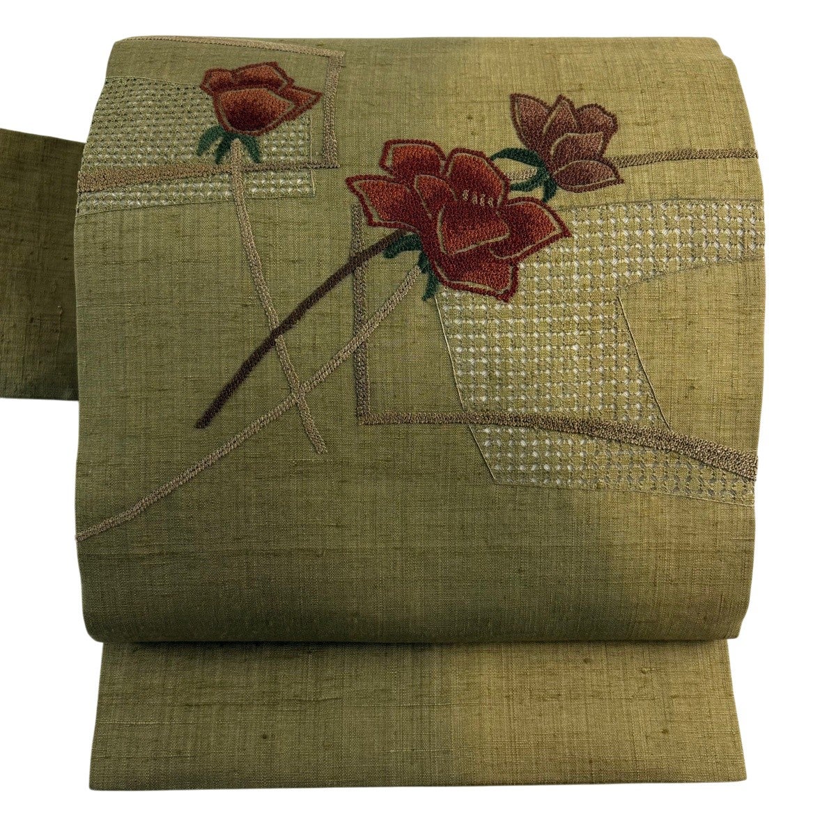 美品】 名古屋帯 秀品 紬地 草花 刺繍 茶色 正絹｜中古・古着 
