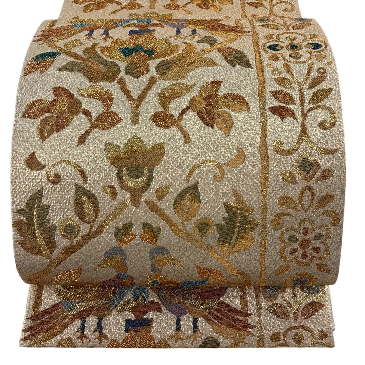 袋帯 美品 逸品 鏡裏文 花鳥 金銀糸 刺繍 赤茶 六通 正絹 【