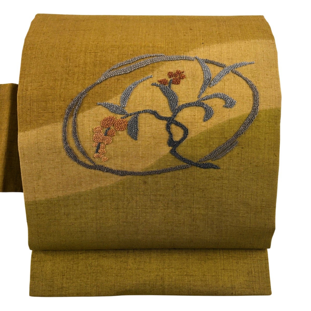 美品】 名古屋帯 秀品 紬地 草花 相良刺繍 山吹茶色 正絹｜中古・古着