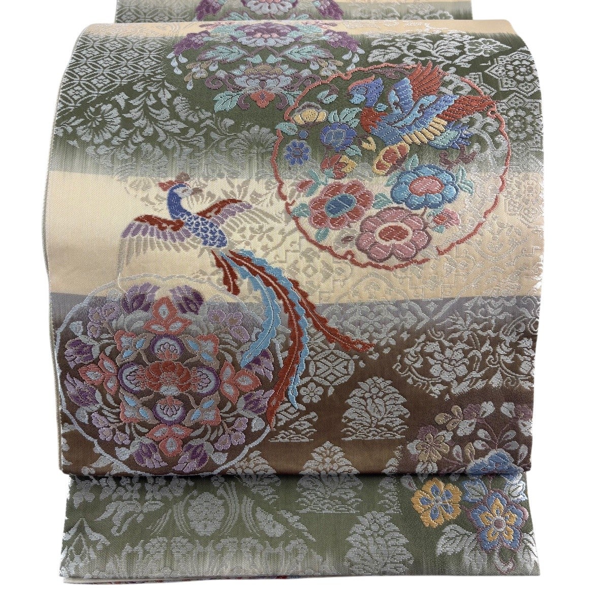美品】 袋帯 秀品 雪輪 花鳥 刺繍 ベージュ 六通 正絹｜中古・古着