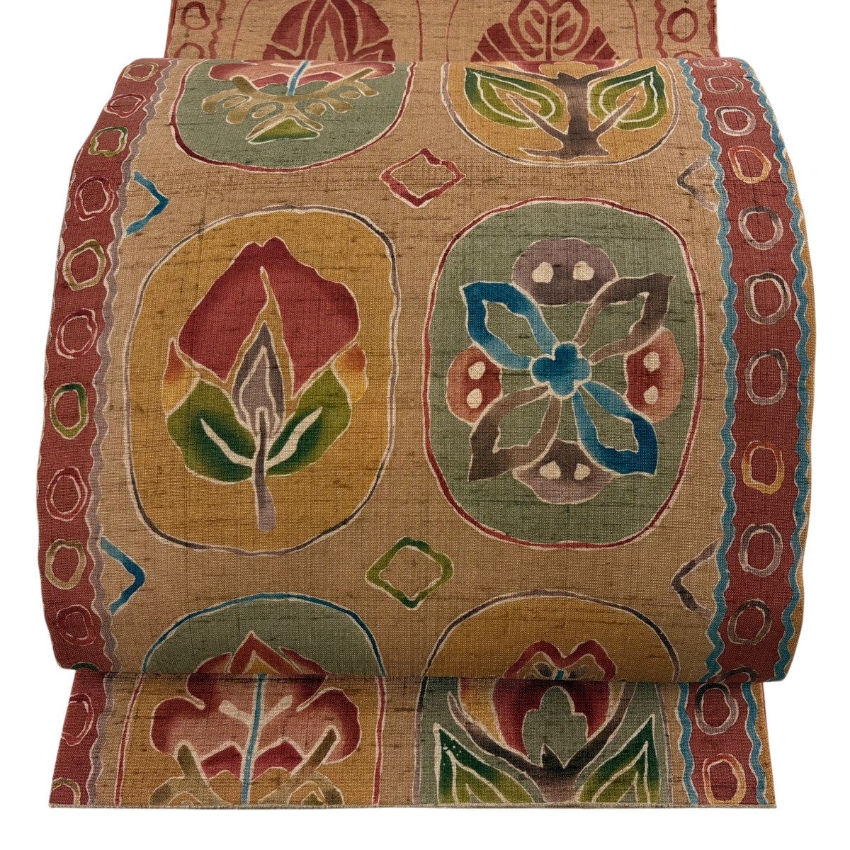 美品】 袋帯 秀品 紬地 関西仕立て 草花 薄茶色 お太鼓柄 正絹｜中古