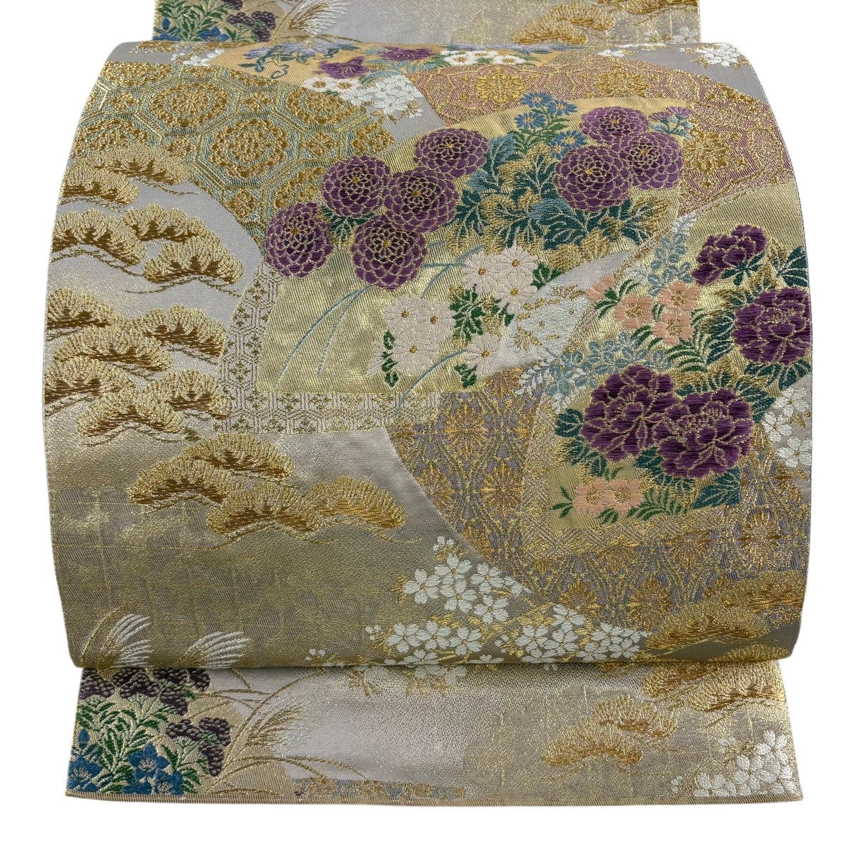 70%OFF 袋帯 秀品 草花 扇面 金糸 箔 薄紫 六通 正絹 K70｜中古・古着