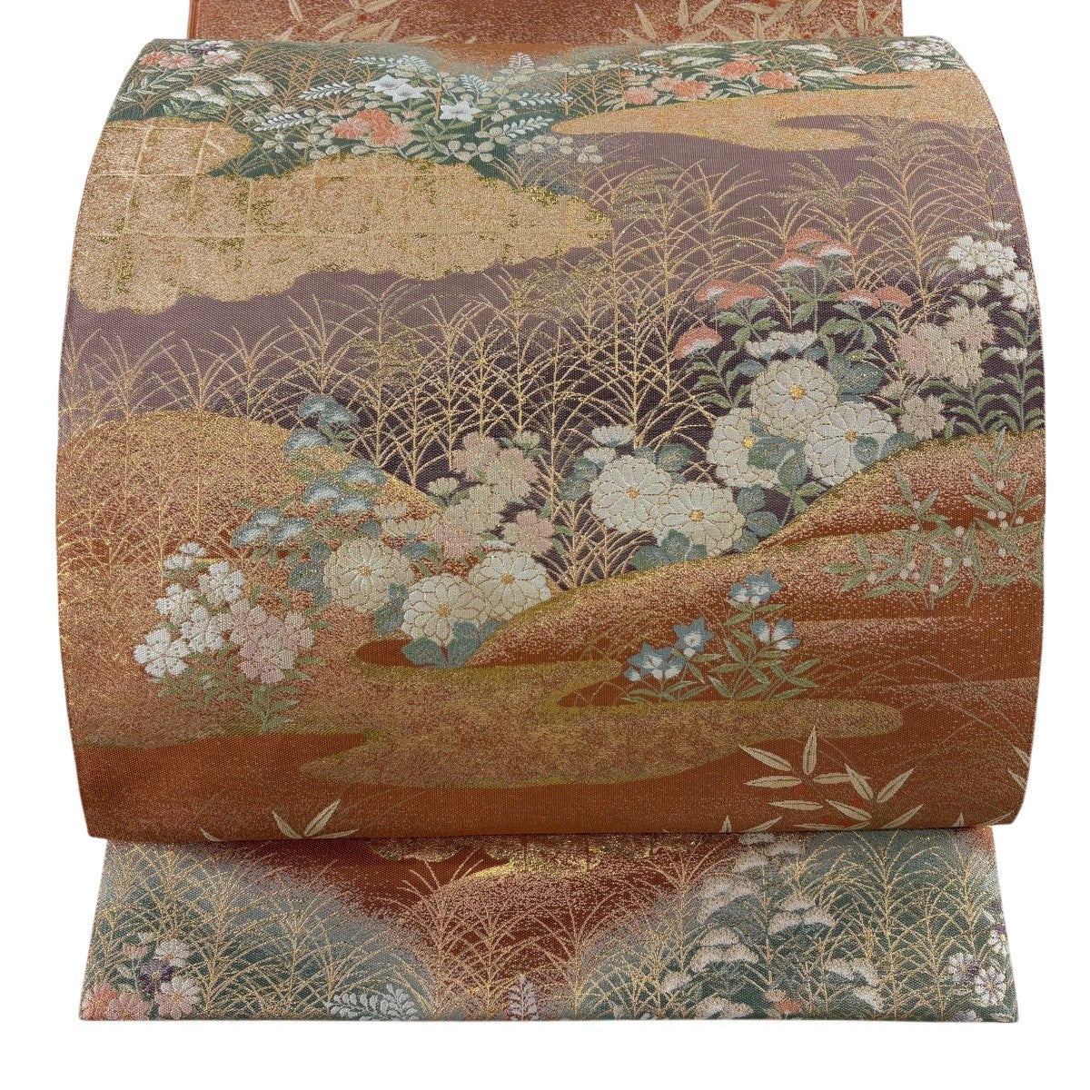 美品】 袋帯 秀品 落款あり 藤三郎 御所車 松竹梅 箔 薄黄土色 六通