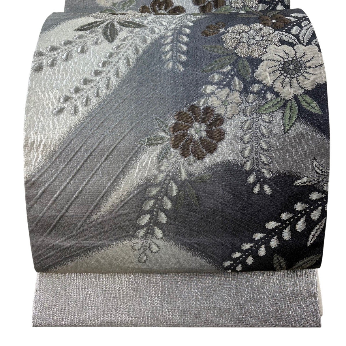 美品】 袋帯 秀品 関西仕立て 草花 鳥 金銀糸 箔 黒 六通 正絹｜中古