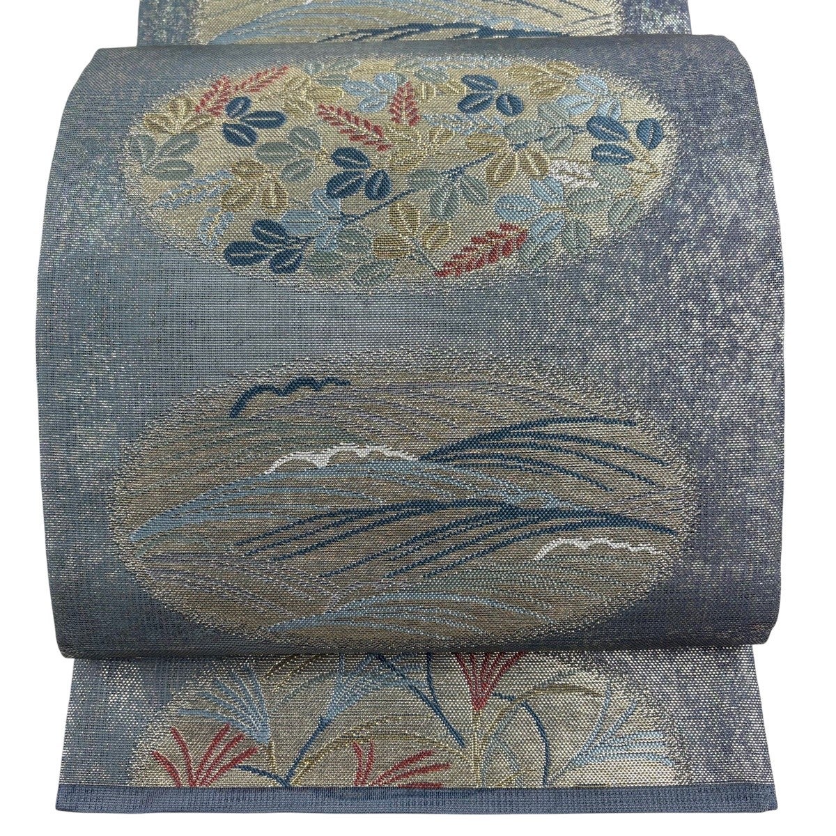美品】 名古屋帯 秀品 夏帯 扇面 波 金銀糸 緑 正絹｜中古・古着
