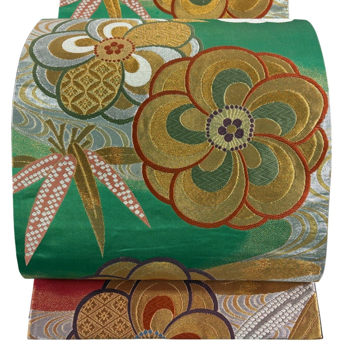 最終価格】 70%OFF 袋帯 秀品 梅 笹 金糸 刺繍 金色 六通 正絹 K70 