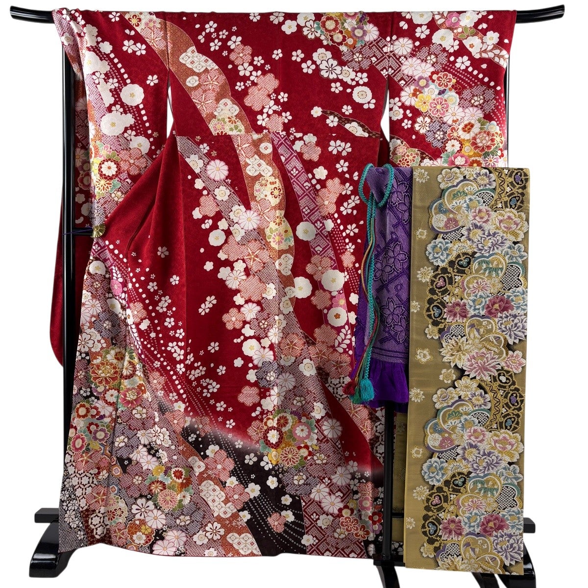 美品】 振袖 身丈167cm 裄丈70cm L 袷 袋帯フルセット 牡丹 桜 金糸