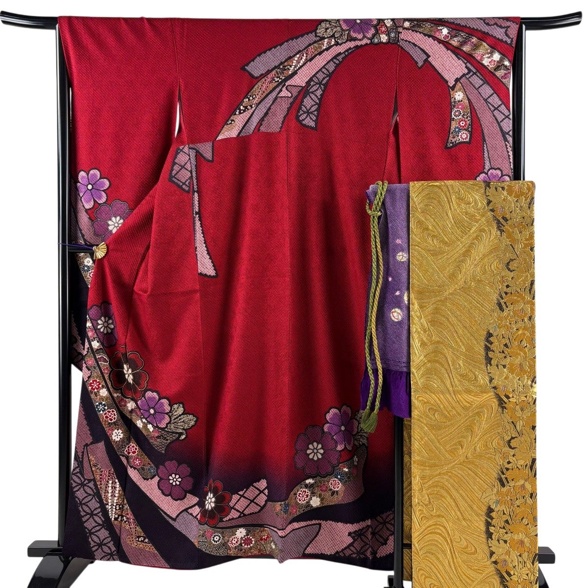 美品】 振袖 身丈169cm 裄丈67cm M 袷 袋帯フルセット 鈴 桜 金彩