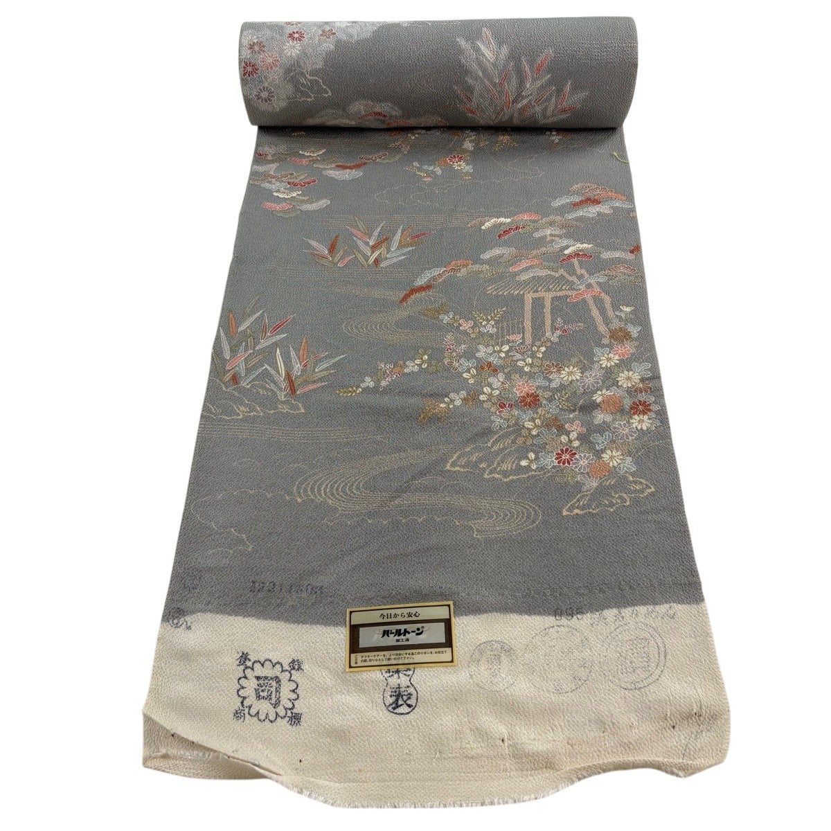 反物 秀品 小紋 落款有 麻の葉 花 青灰色 正絹｜中古・古着