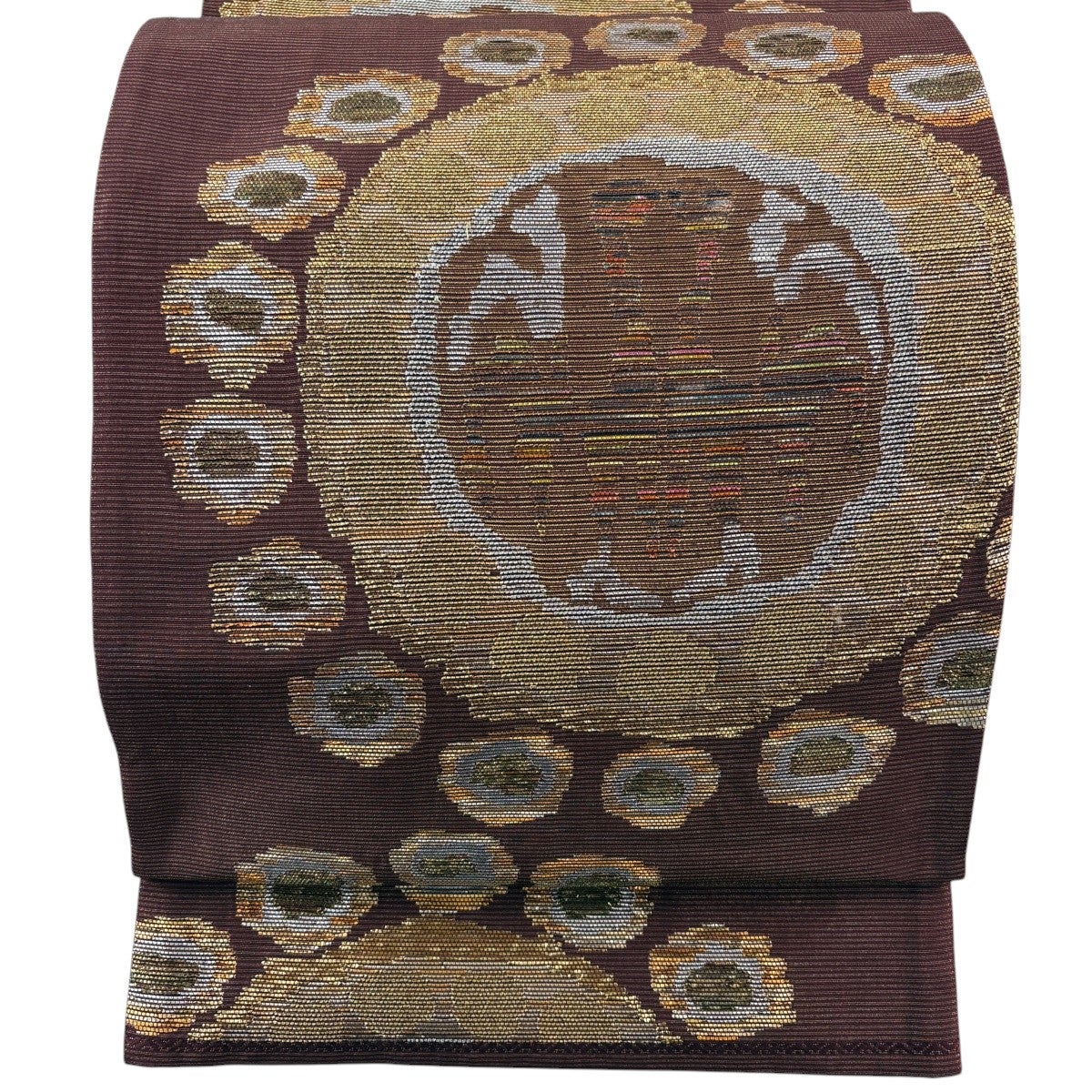 ［お太鼓柄］中古美品　十二支柄　作家物　落款有り　460cm O-884 袋帯 秀品 関西仕立て 連珠文 向鳥 金銀糸 箔 茶色 お太鼓柄 正絹