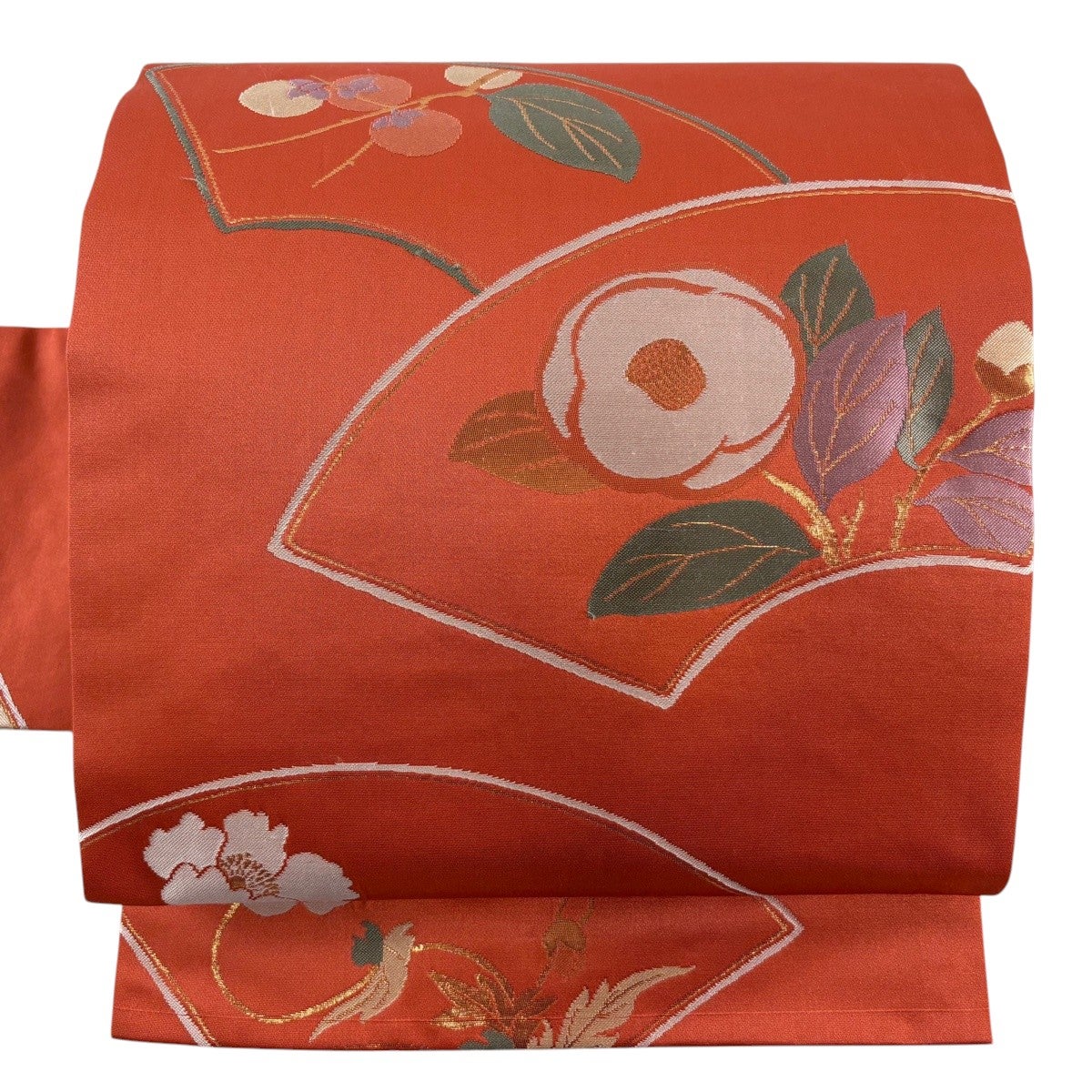 美品】 名古屋帯 優品 関西仕立て 扇面 椿 箔 朱色 正絹｜中古・古着