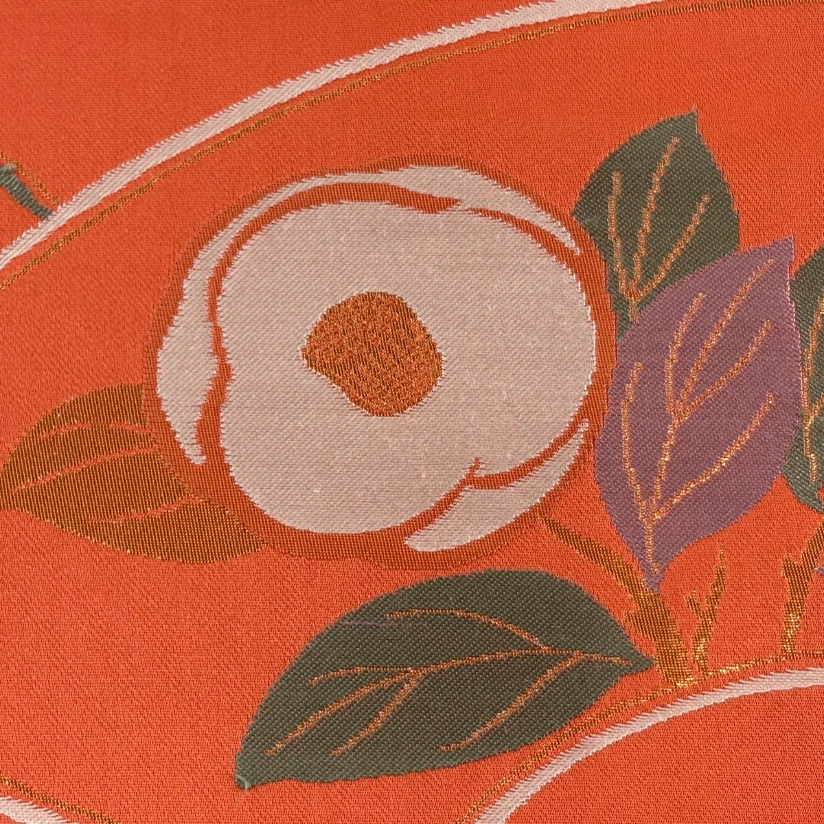 美品】 名古屋帯 優品 関西仕立て 扇面 椿 箔 朱色 正絹｜中古・古着