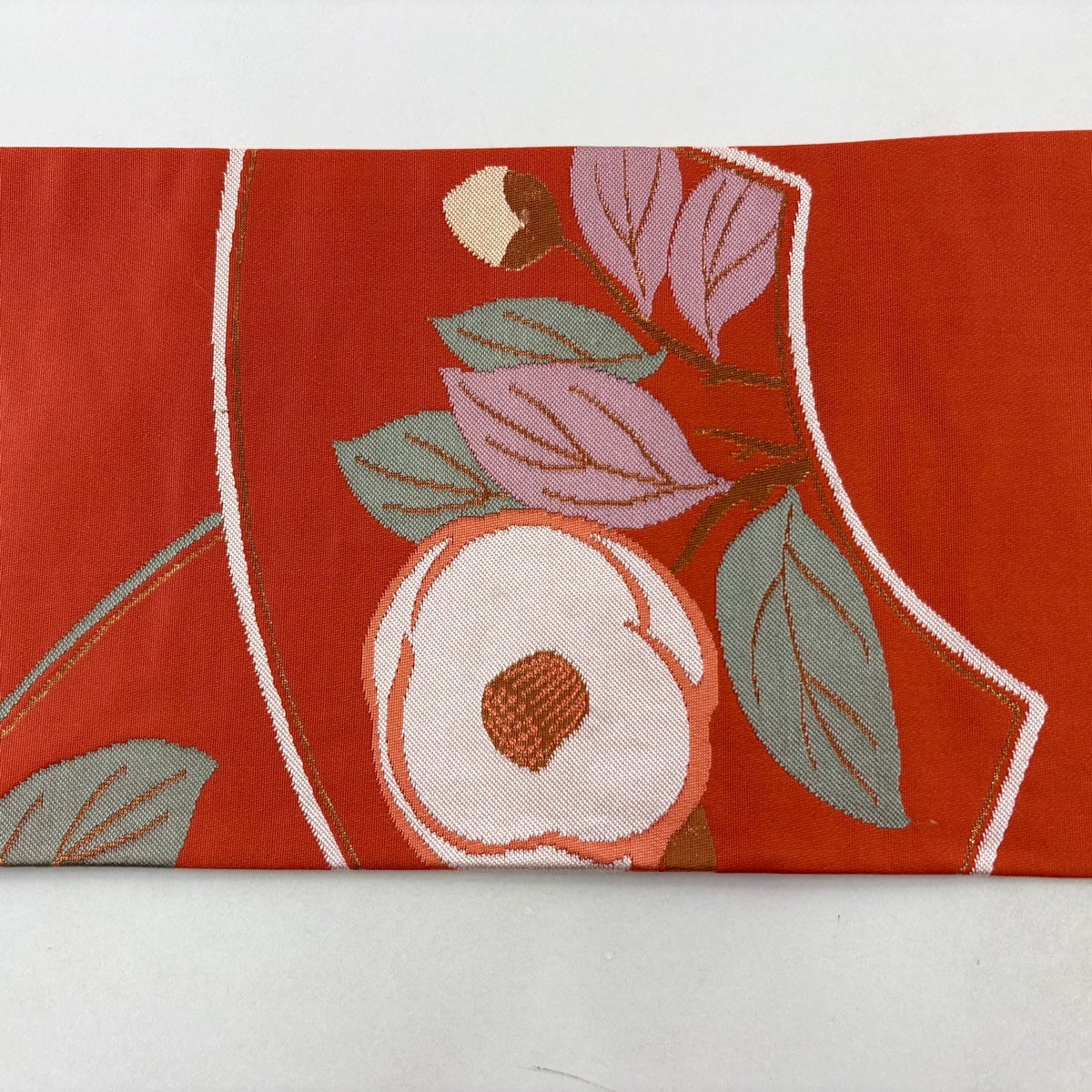 美品】 名古屋帯 優品 関西仕立て 扇面 椿 箔 朱色 正絹｜中古・古着