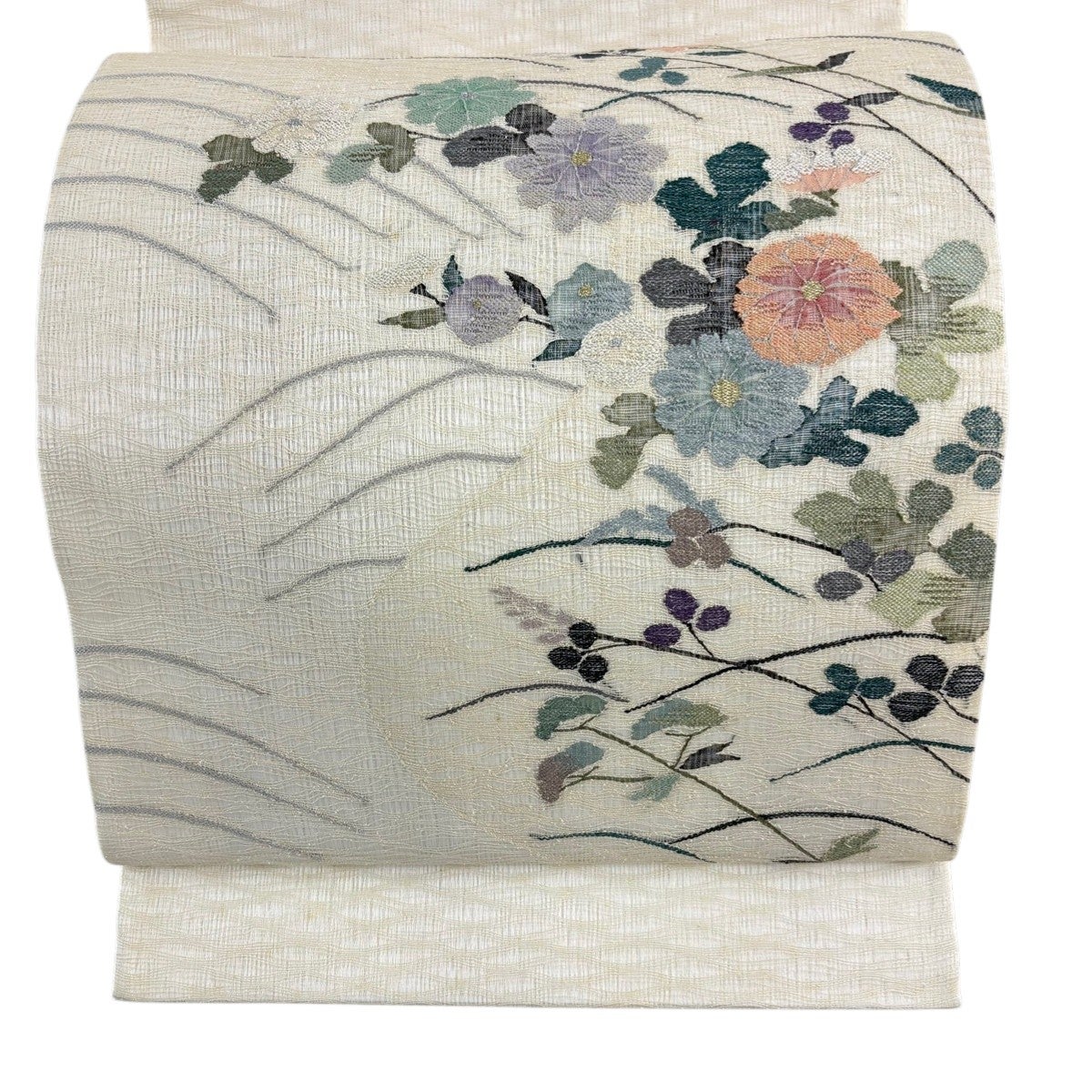 袋帯 秀品 夏帯 菊 萩 金銀糸 クリーム お太鼓柄 正絹｜中古・古着