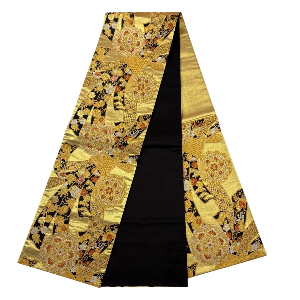 振袖 身丈168.5cm 裄丈67.5cm L 七宝 金糸金通し 朱色正絹名品 振袖 身丈168.5cm 裄丈69cm L 袷 袋帯フルセット 熨斗 牡丹 金糸 金彩