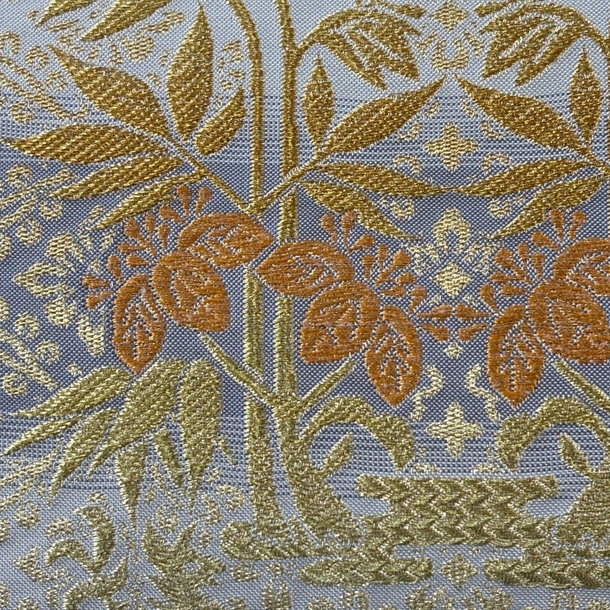 美品】 袋帯 名品 本袋 桐竹鳳凰紋 段縞模様 金糸 銀糸 青灰色 全通