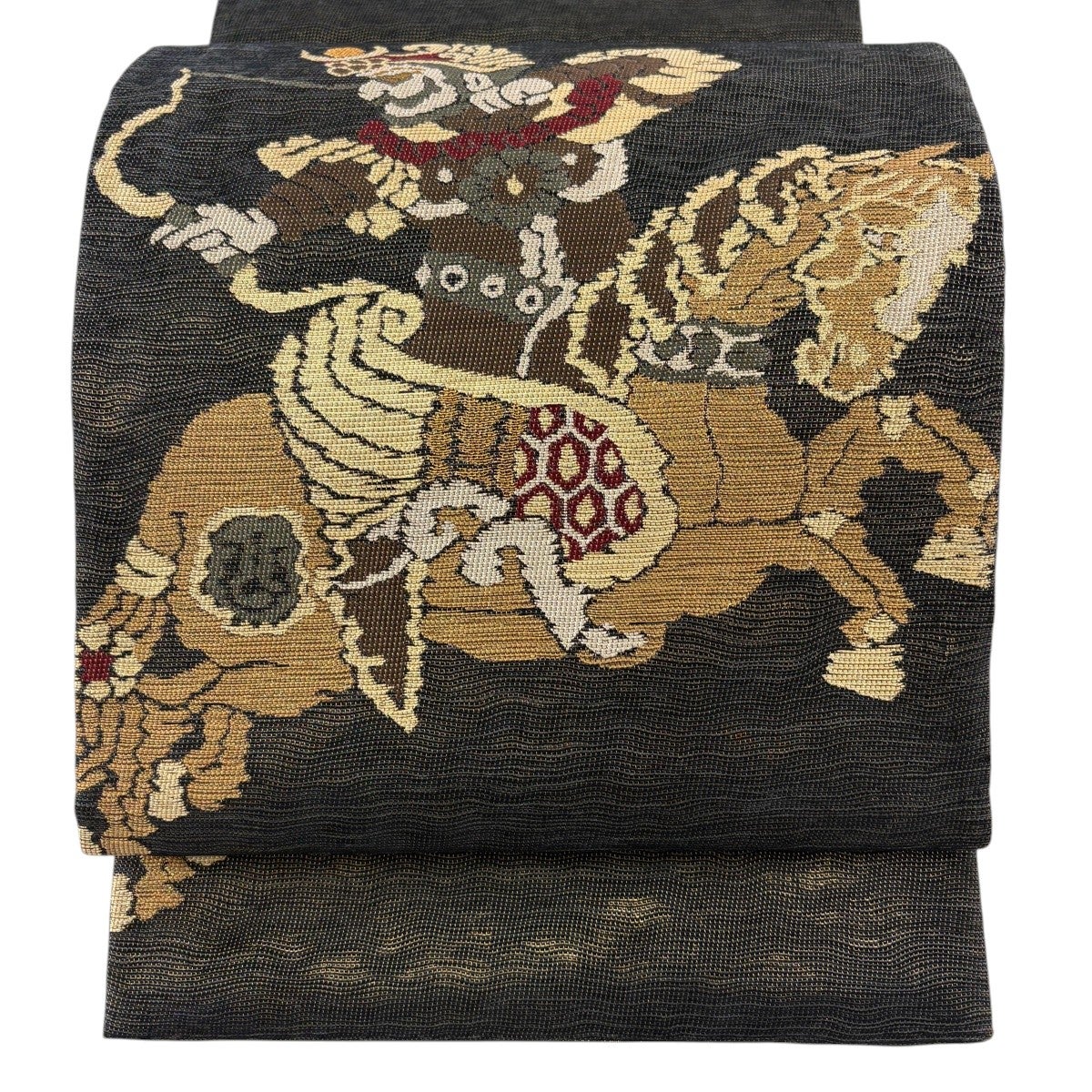 袋帯 名品 落款あり 狩猟文 金糸 箔 墨色 お太鼓柄 正絹｜中古・古着