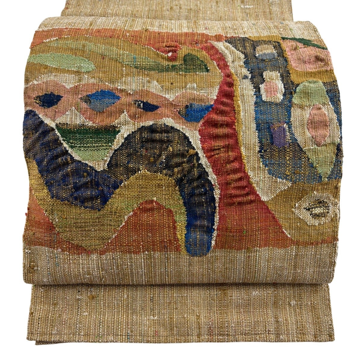 美品】 名古屋帯 優品 松葉仕立て 八寸名古屋帯 紬地 幾何学 薄茶色