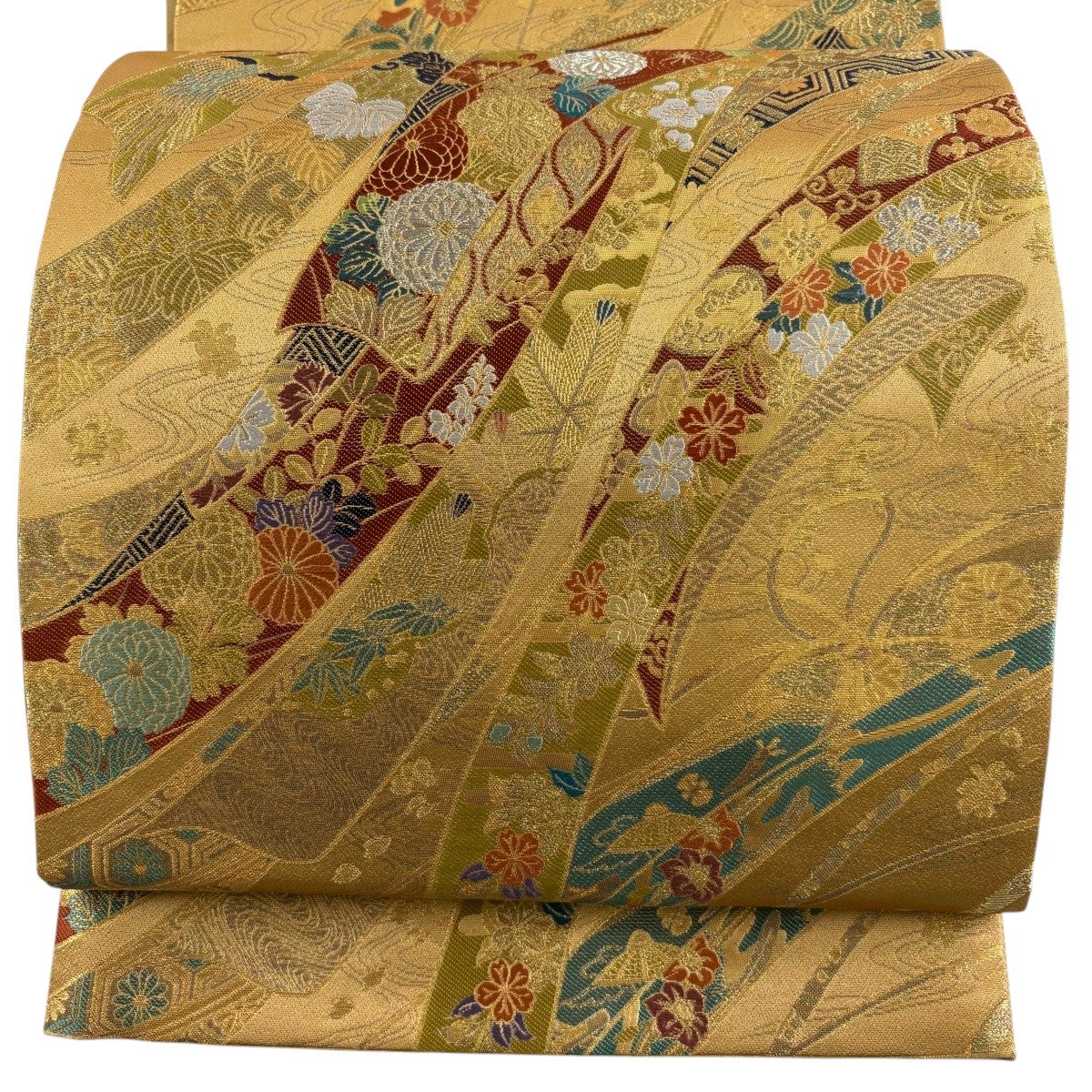 袋帯 秀品 関西仕立て 熨斗目菊鳥花 本金箔 金銀糸 金色 六通 正絹