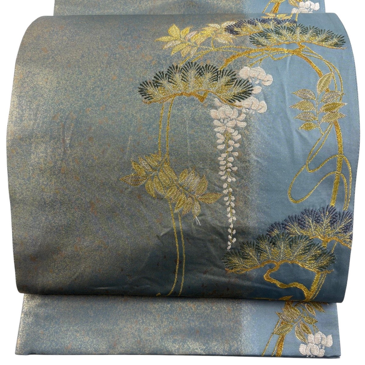 美品】 袋帯 秀品 松藤献上文 金銀糸 箔 青灰色 六通 正絹｜中古・古着