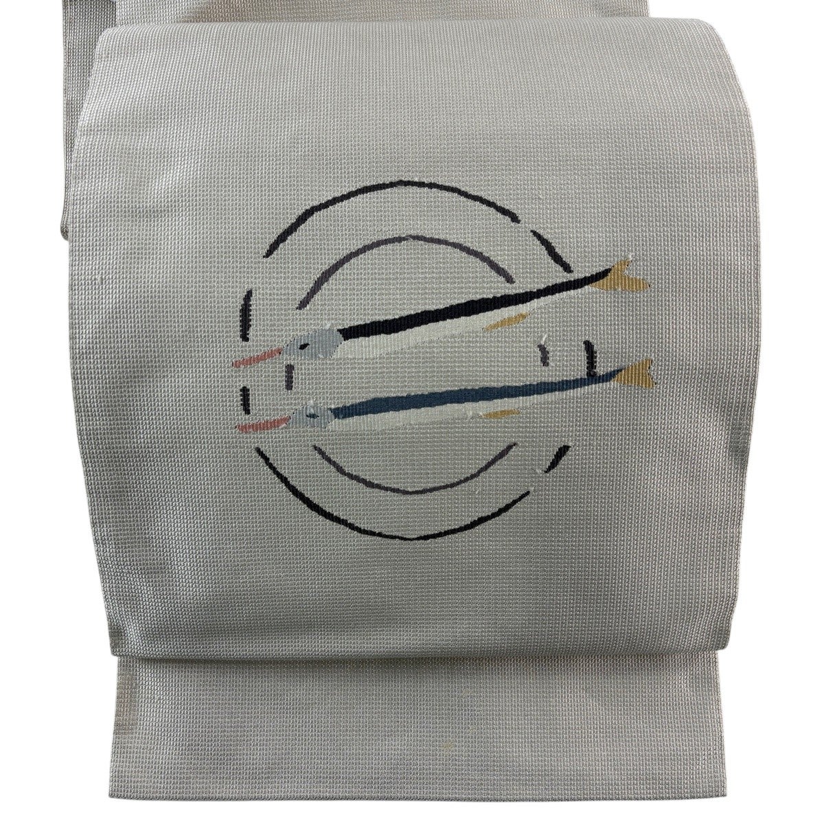 名古屋帯 秀品 松葉仕立て 八寸名古屋帯 魚 水面 銀糸 灰茶 正絹｜中古