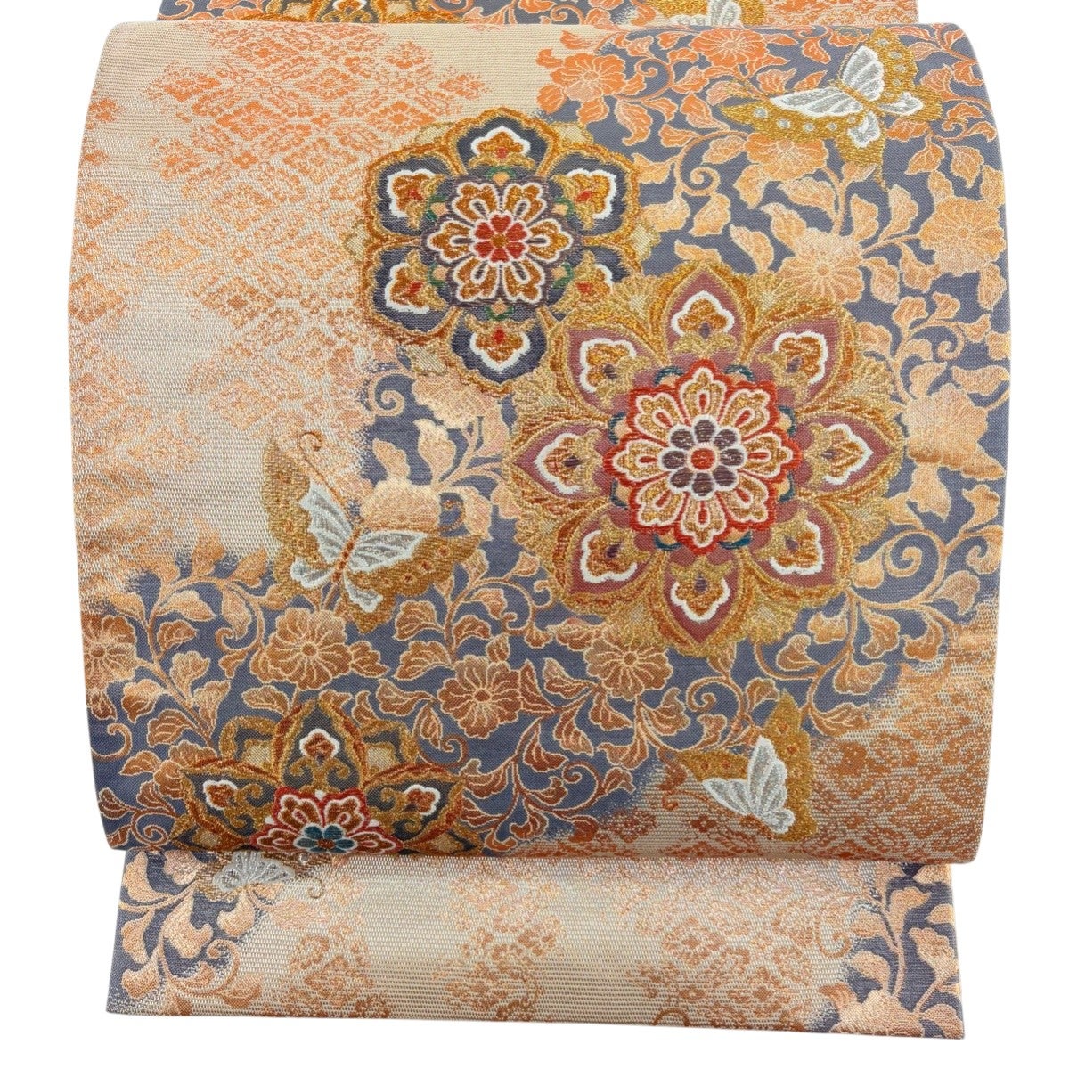 30%OFF 袋帯 秀品 振袖向き 蝶 菊 金銀糸 刺繍 金色 六通 正絹 K30