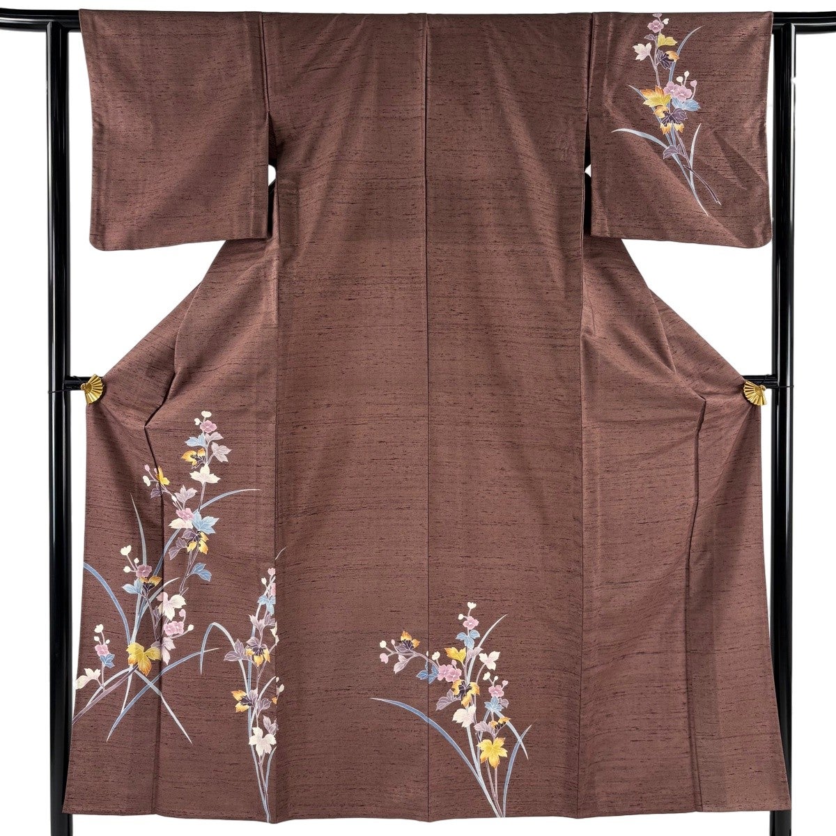 付下げ 身丈152cm 裄丈63cm S 単衣 紬地 草花 小豆色 正絹 秀品｜中古