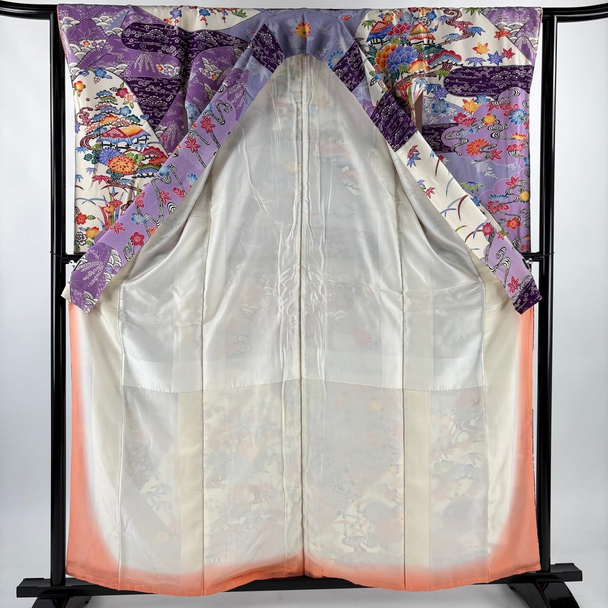 振袖 身丈158.5cm 裄丈64.5cm M 袷 松竹梅 牡丹 染め分け 縮緬 紫 正絹