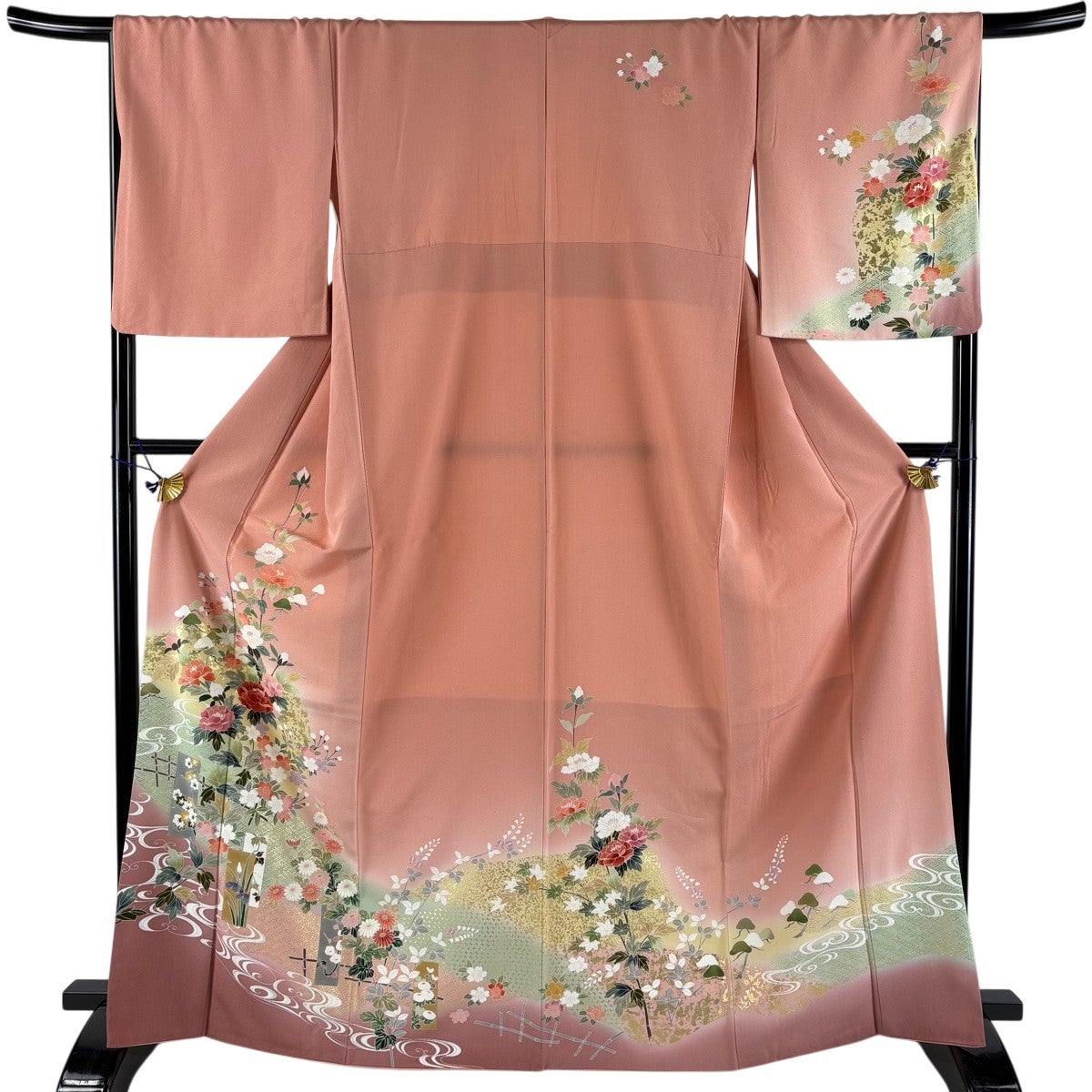 美品】 訪問着 身丈157cm 裄丈65.5cm M 袷 牡丹 観世水 金彩 ぼかし