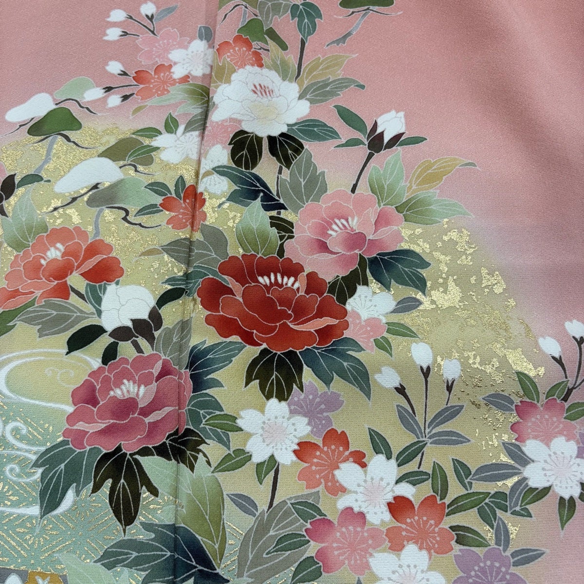 訪問着　身丈157　刺繍　相良刺繍　牡丹　藤　花模様　正絹　着物　033b p 美品】 訪問着 身丈157cm 裄丈65.5cm M 袷 牡丹 観世水 金彩 ぼかし