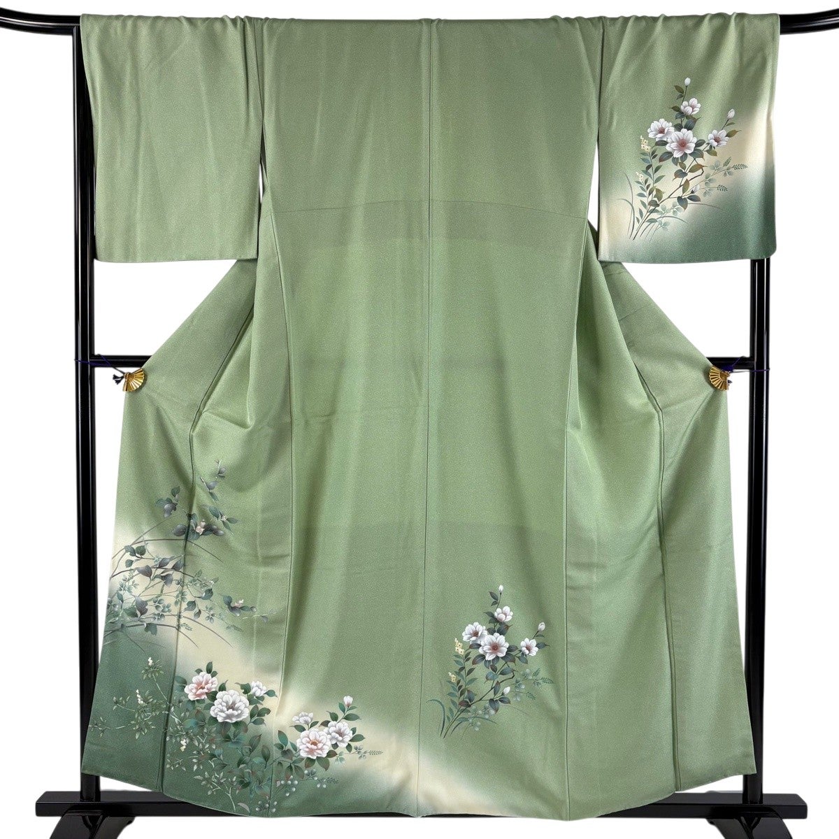 訪問着 身丈159cm 裄丈68.5cm L 袷 枝花 萩 金彩 ぼかし 薄緑 正絹 秀