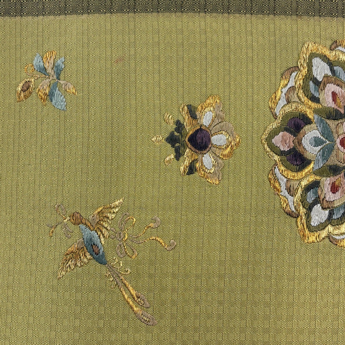 袋帯 秀品 落款あり 華文 鳥 金糸 からし色 お太鼓柄 正絹｜中古・古着