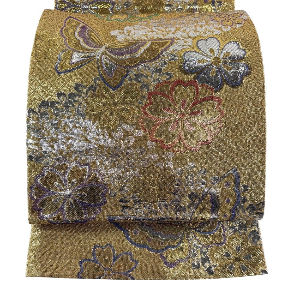 50%OFF 【美品】 袋帯 秀品 振袖向き 蝶 菊 金銀糸 箔 赤 六通 正絹