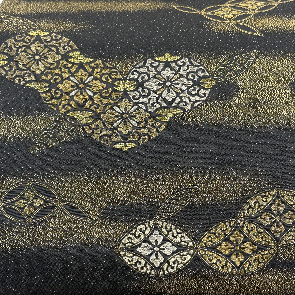 袋帯 秀品 七宝花菱 霞 金銀糸 箔 黒 お太鼓柄 正絹｜中古・古着