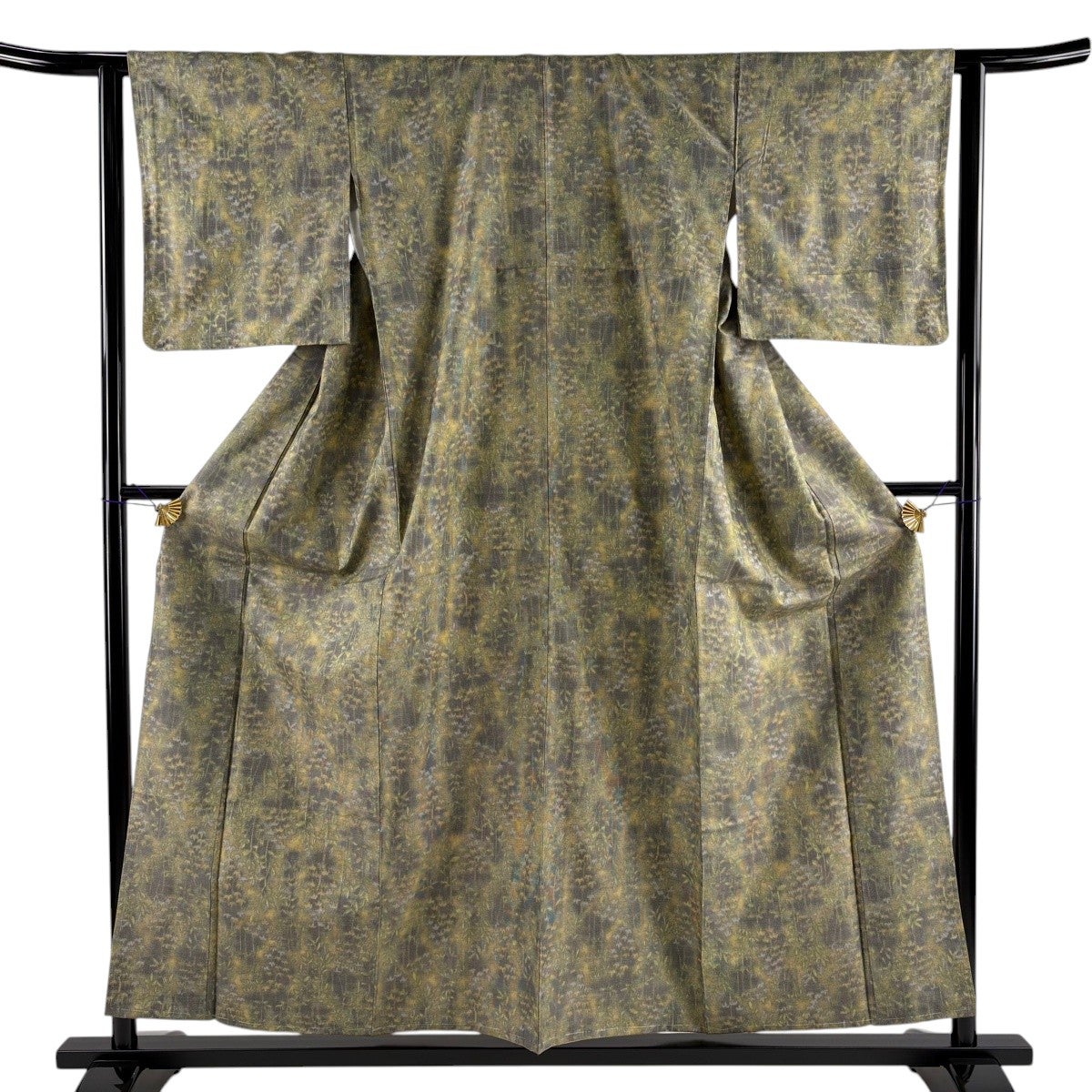 紬 身丈156.5cm 裄丈61.5cm S 袷 笹 葉柄 墨色 正絹 優品｜中古・古着