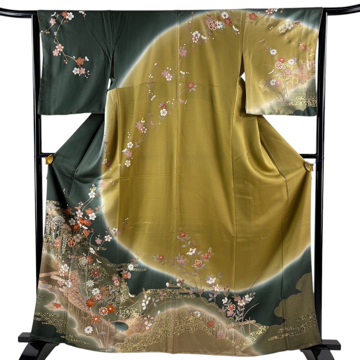 訪問着 身丈162cm 裄丈64cm M 袷 松梅 霞 金糸 金彩 深緑 正絹 秀品