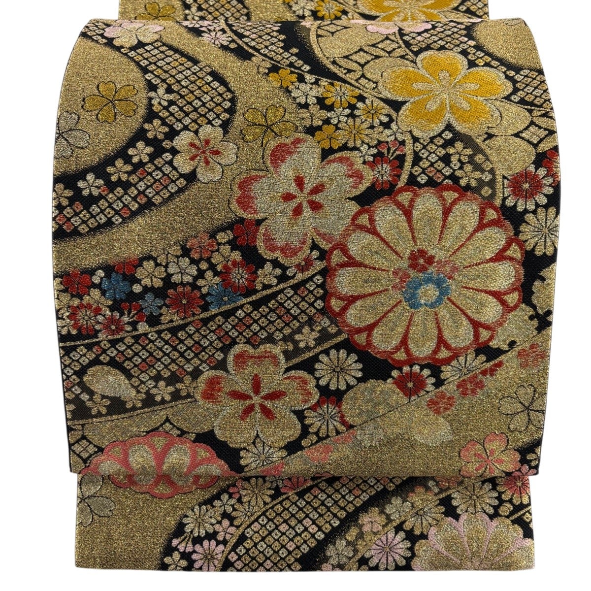 袋帯 秀品 華文 桜 金糸 箔 黒 全通 正絹｜中古・古着・リサイクル着物