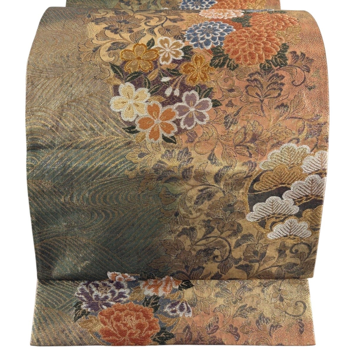 美品】 袋帯 秀品 道長唐草華文 金銀糸 箔 灰緑 六通 正絹｜中古・古着